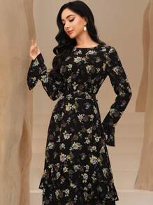 Graceveil 女式碎花喇叭袖荷叶边腰连衣裙，端庄 - 黑色 - 查看 1