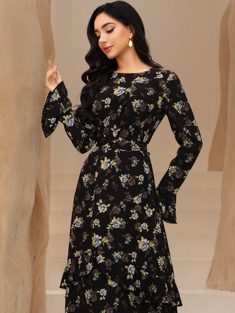 Graceveil 女式碎花喇叭袖荷叶边腰连衣裙，端庄 - 黑色 - 查看 1