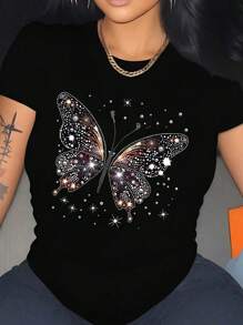 SHEIN CURVE+ Maglietta casual da donna taglie forti con scollo tondo, maniche corte e stampa a farfalla con strass
