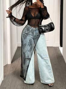 BamGleam Lace Sheer Women's Round Neck Long Sleeve Sexy Fashion Blouse Fall Cloth For Women - Black - View 5