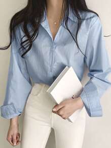 DAZY 纯色纽扣前襟衬衫、长袖上衣 - 藍色 - 查看 5