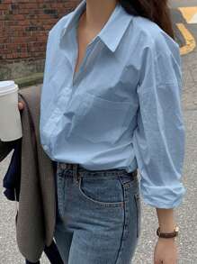 DAZY 口袋贴片落肩衬衫长袖上衣 - 淺藍色 - 查看 6