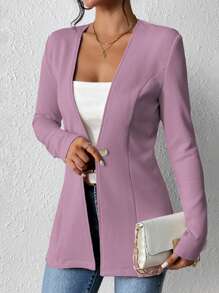 Chiquease Women's Solid Color Collarless Drawstring Waisted Casual Jacket, Long Sleeve