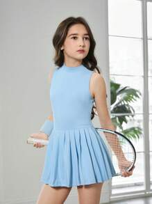 SHEIN Tween 女童户外连体衣，带防窥运动连体衣，后背隐形拉链，适合跑步、健身、篮球、足球、网球、羽毛球、时尚 - 藍色 - 查看 3