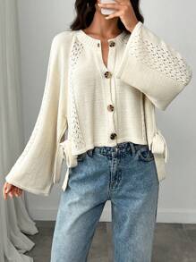 EURMUSE Women Button Front Cut Out Tie Detailed Spring Cute Cardigan - Cream - View 5