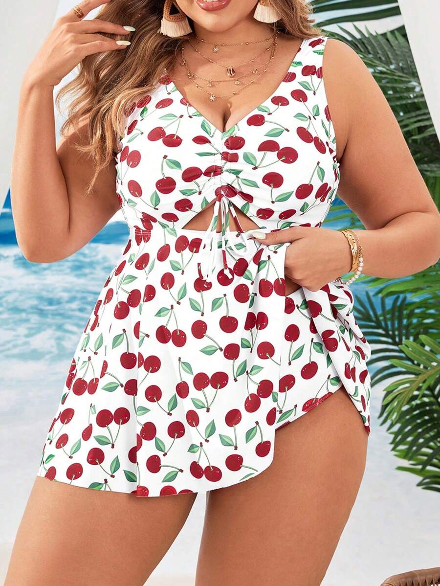 Swim Mod 大尺碼櫻桃印花束腰游泳衣，附游泳衣和短褲，完美適用於渡假度假 - 紅色 - 查看 1