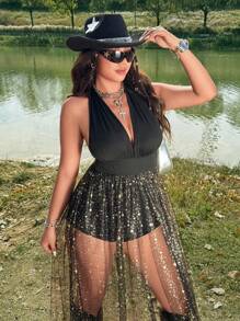 Flirla [Festival, Boho, Hippie, Cowgirl Outfit, Old Money] Sexy Fashion Women's Black Foil Print Mesh Halter Tie-Up Jumpsuit Maxi Dress With Slit