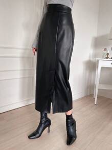 DAZY 女士PU材质长款开衩半身裙，女士晚秋优雅开衩半身裙，拉链中长款常规版型超高腰黑色纯色女裙，休闲日常穿着，铅笔裙皮裙