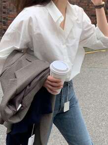 DAZY Pocket Patched Drop Shoulder Shirt,Ladies Casual Button,Pocket Long Sleeve Collar Oversized Regular White Drop Shoulder Shirt Women Blouses,Spring/Fall ,Professional/Business Attire/Workwear,Long Sleeve Tops - White - View 3