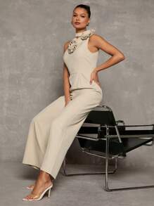 Glamine Sexy Bodycon Off Shoulder Sleeveless Elegant Fashionable 3D Floral Decor Slimming Women Jumpsuit - Apricot - View 8