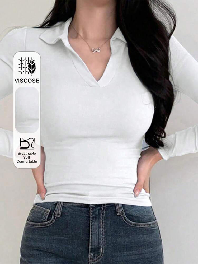 Women Solid Color Long Sleeve Casual Slim Fit Polo Neck T-Shirt, Autumn Summer