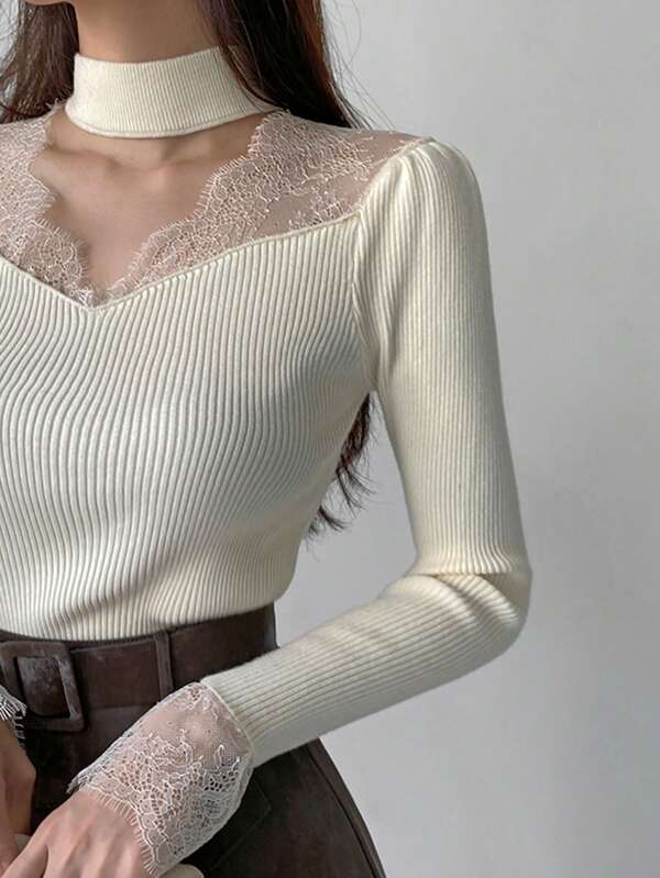 DAZY Women Lace Splice Hollow Out Slim Fit Long Sleeve Sweater, White, Spring/Autumn