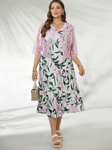 SHEIN Clasi Conjunto de 2 piezas para mujer talla grande: Cárdigan de encaje y vestido sin mangas con estampado floral de cuello en V