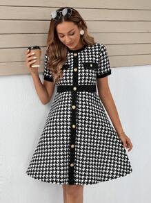SHEIN Maternity Houndstooth Print Button Front Dress - Black and White - View 6