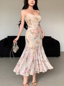 DAZY 情人节花卉蝴蝶印花网纱吊带连衣裙，女士夏季吊带裙，复活节连衣裙 - 粉色 - 查看 3