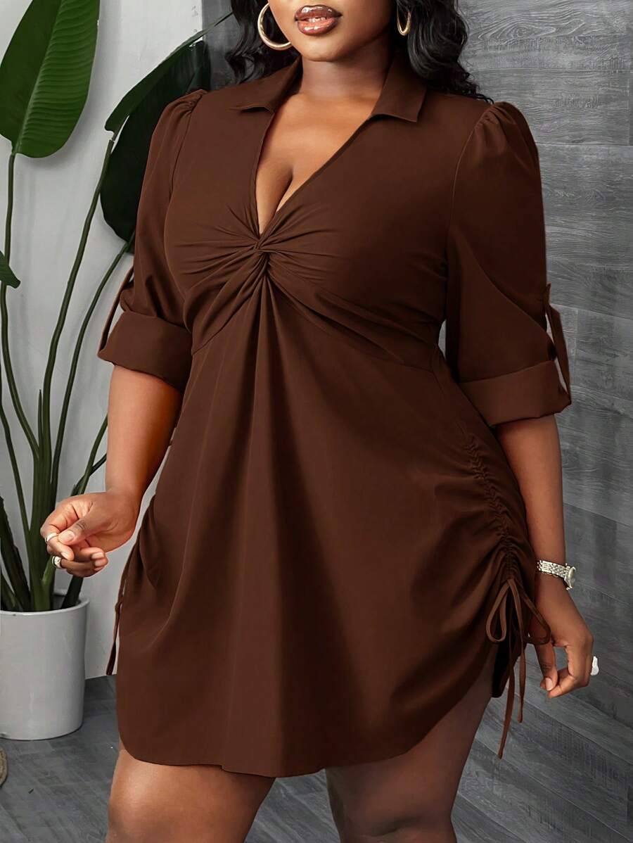 Slaydiva 大码女式优雅休闲通勤派对约会性感修身纯色锈红色长袖褶皱扭结前襟抽绳腰迷你衬衫裙，春秋季 - 棕色 - 查看 1