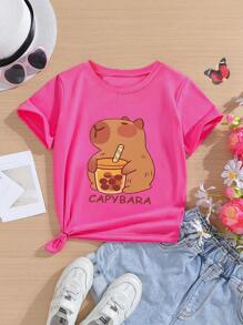 T-shirt à manches courtes avec graphique de capybara/bulle de thé, style casual, à la mode et confortable pour jeune fille, printemps/été