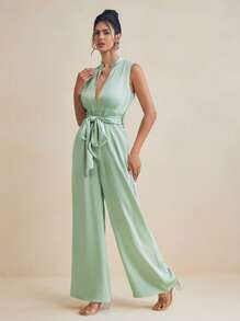 ODELIAR Designer Green Deep V Wide Leg Elegant Fashion Jumpsuit With Removable Belt For Spring And Summer Vacation, Spring Break, Ibiza Fits - Green - View 5