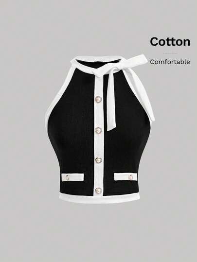 SHEIN MOD Top de tirantes para noches de cita con cuello redondo, parches en blanco y negro y decoración de lazo con botones