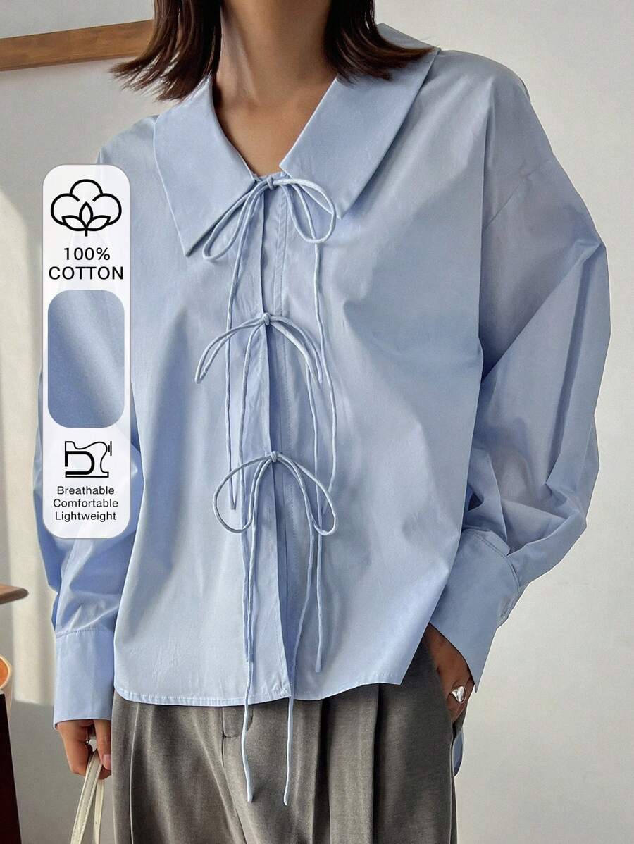 FRIFUL Women's Drop Shoulder Blouse With Front Lace Up Long Sleeve Top - Blue - View 1