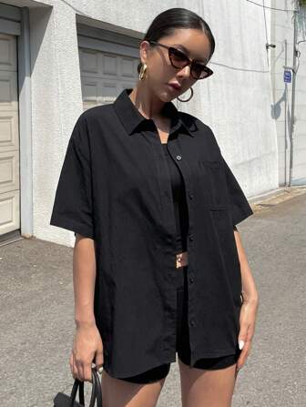Camisa Sólida Con Botones, Con Hombros Caídos