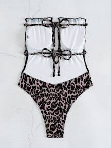 SHEIN VCAY Leopard Print Bandeau One-Piece Swimsuit, Summer - Multicolor - View 2