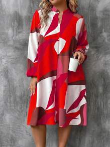 Plus Size Casual Commuter Colorblock Printed Lantern Sleeve Dress