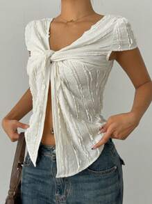 Siren Gaze Women's Solid Color Ruffle Top,Twisted Texture Front Slit Hem T-Shirt, Reversible Design,Beach For Woman,Concert Women,Boho Style,Cute Summer Tops - Apricot - View 7