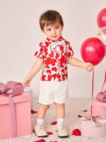 SHEIN 2-częściowy zestaw dla chłopca/dziewczynki z krótkim rękawem, czerwonym nadrukiem w kształcie serca, koszulką i spodenkami, miękki i wygodny materiał, odpowiedni na urodziny, dzień matki, walentynki, wakacje, szkołę, na zewnątrz, codzienną imprezę, wiosnę/lato - Wielokolorowe - Zobacz 3