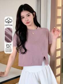 DAZY Kaos Wanita Lengan Pendek Warna Polos dengan Belahan di Bagian Bawah, Atasan Musim Panas yang Lucu - Purple - View 1