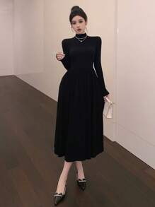 DAZY Women High Neck Fitted Mid-Length Dress, Autumn/Winter, Birthday ,New Year Eve Prom Dress,Fall Women Clothes Long Sleeve Dress Elegant Women Dresses - Black - View 1