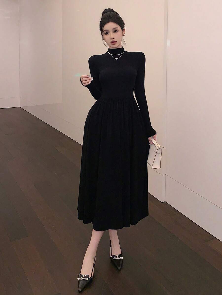DAZY Women High Neck Fitted Mid-Length Dress, Autumn/Winter, Birthday ,New Year Eve Prom Dress,Fall Women Clothes Long Sleeve Dress Elegant Women Dresses - Black - View 1