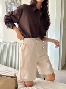 DAZY Camisa oversize con botones y hombros caídos, manga larga, ropa de otoño - Marrón Chocolate - Ver 7