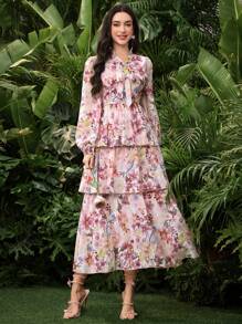 Modelyn Women's Long Sleeve Digital Printed Three-Tier Dress - Pink - View 8