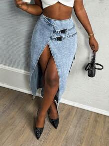 Slaydiva Women's Denim Skirt Sexy Fit Side Slit Work Pocket Skirt Blue Gyaru Concert Women Rave Festival Summer For Women Y2k Summer Concert