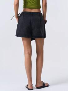 LYSMO Women's Black 2 In 1 Lace Up Denim Shorts