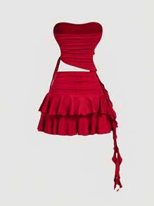 SHEIN MOD 2 件红色可爱 3D 花卉女士套装，情人节装扮，约会夜装 - 紅色 - 查看 2