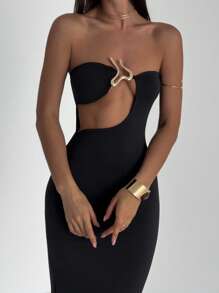 Aloruh Women Metal Decor Hollow Out Bodycon Dress