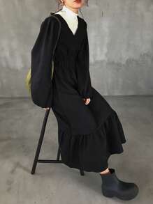 FRIFUL 女式V领荷叶边下摆长袖系腰连衣裙秋冬