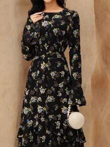 Graceveil 女式碎花喇叭袖荷叶边腰连衣裙，端庄 - 黑色 - 查看 5