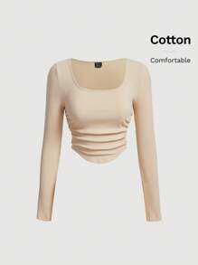 SHEIN MOD Chất rắn Scoop Cổ Đồ đan Ribbed Áo thun - Màu be - Xem 4