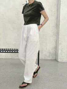 Dazy-Less 纯色圆领短款T恤，复古风夏季商务休闲女士工作服 - 軍綠色 - 查看 3