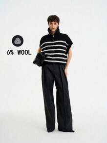 Aalyst 女士休闲日常拼色条纹蝙蝠袖半拉链开衫毛衣背心