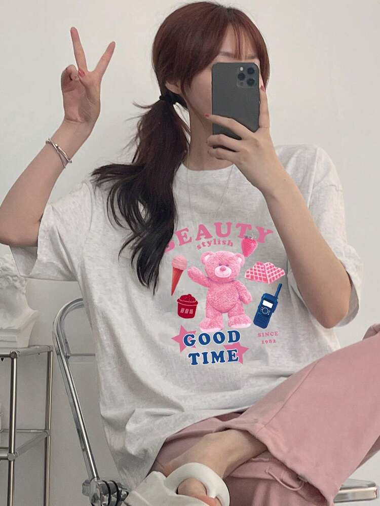 Women Round Neck Cartoon Teddy Bear Letter Print Short Sleeve Casual T-Shirt Cute Tops Oversized T-Shirt,Graphic Tees