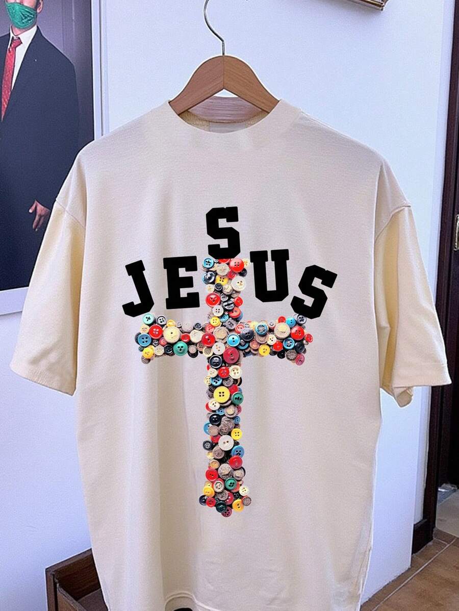 Manfinity VCAY Plus Size Men's Loose Knit Half Sleeve Round Neck Faux Button Printed T-Shirt - Multicolor - View 1