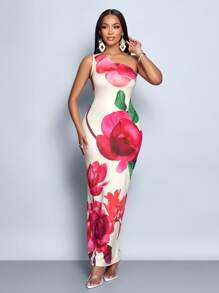 SOLERSUN 女士时尚优雅单肩花卉印花紧身连衣裙（随机花卉） - 粉色 - 查看 4