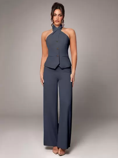 Silquee Traje de dos piezas de alta calidad para mujer, conjunto de parte superior y pantalones adecuado para fiestas de cóctel, citas románticas, fiestas de otoño e invierno, bailes formales, damas de honor, vestidos de noche, fiestas con amigas, uso en la oficina, atuendo de trabajo para mujeres. Traje de pantalón para mujer, uso durante el verano.