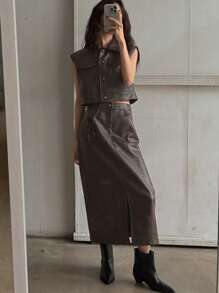 DAZY 女士秋冬 PU 皮革无袖背心和长开衩口袋裙两件套，时尚 - 鏽棕色 - 查看 7