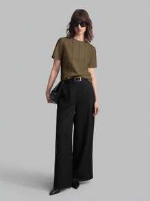 Ontre 2026SS New Solid Color Minimalist Daily Wear, Women's Round Neck Short Sleeve T-Shirt, Khaki Short Sleeve, Casual Loose T-Shirt, Suitable For Valentine's Day, Summer Clothing, Business Casual, Female Vacation Beach Birthday Party, Teacher Outfit, Basic Top Back To School - Brown - View 5