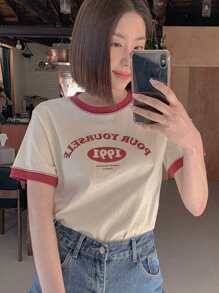 DAZY Áo thun nữ cổ tròn tay ngắn in chữ mùa hè, áo thun họa tiết học sinh - Màu be - Xem 4